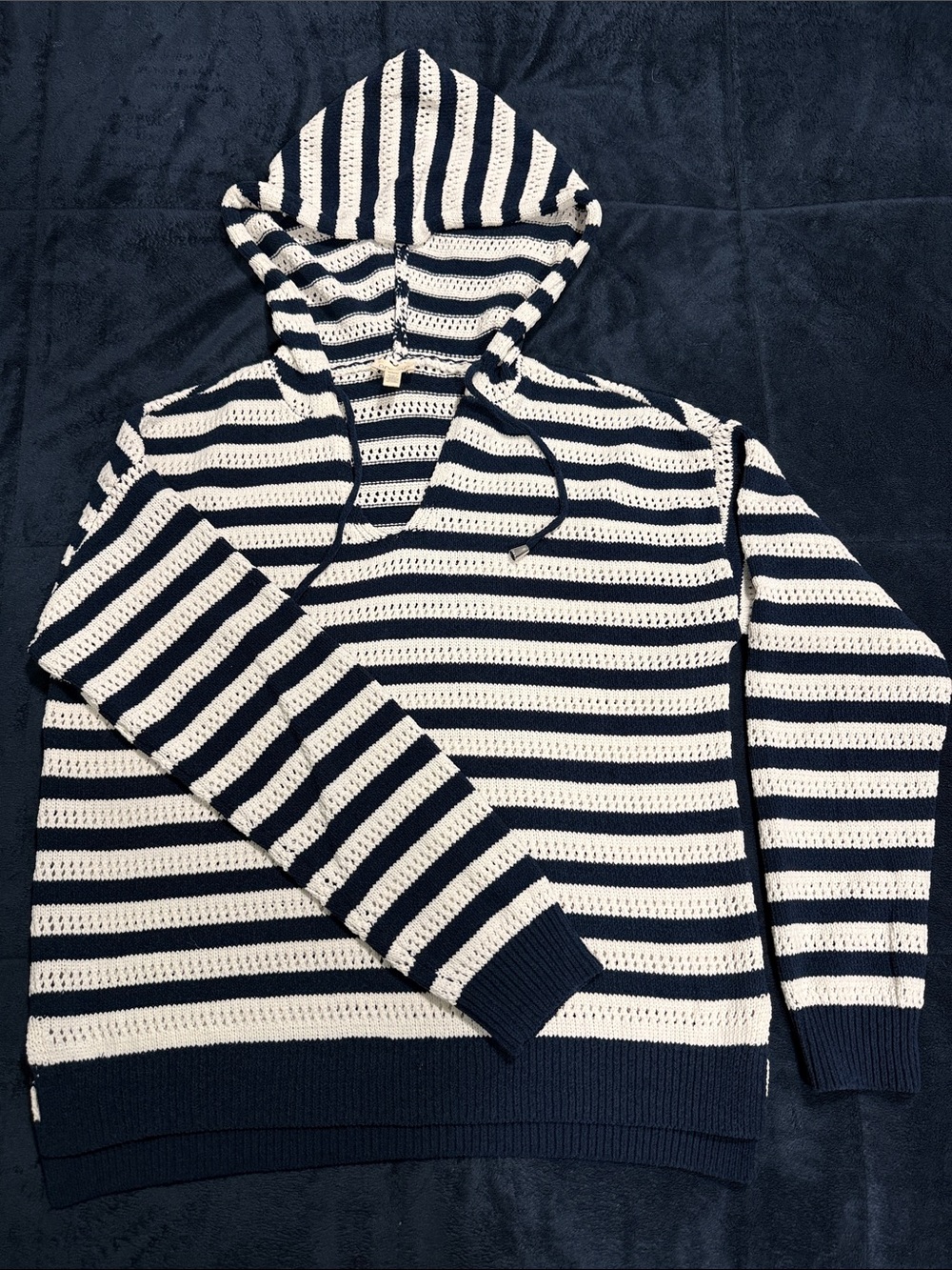 Striped Navy and Cream V‑Neck Hooded Sweater